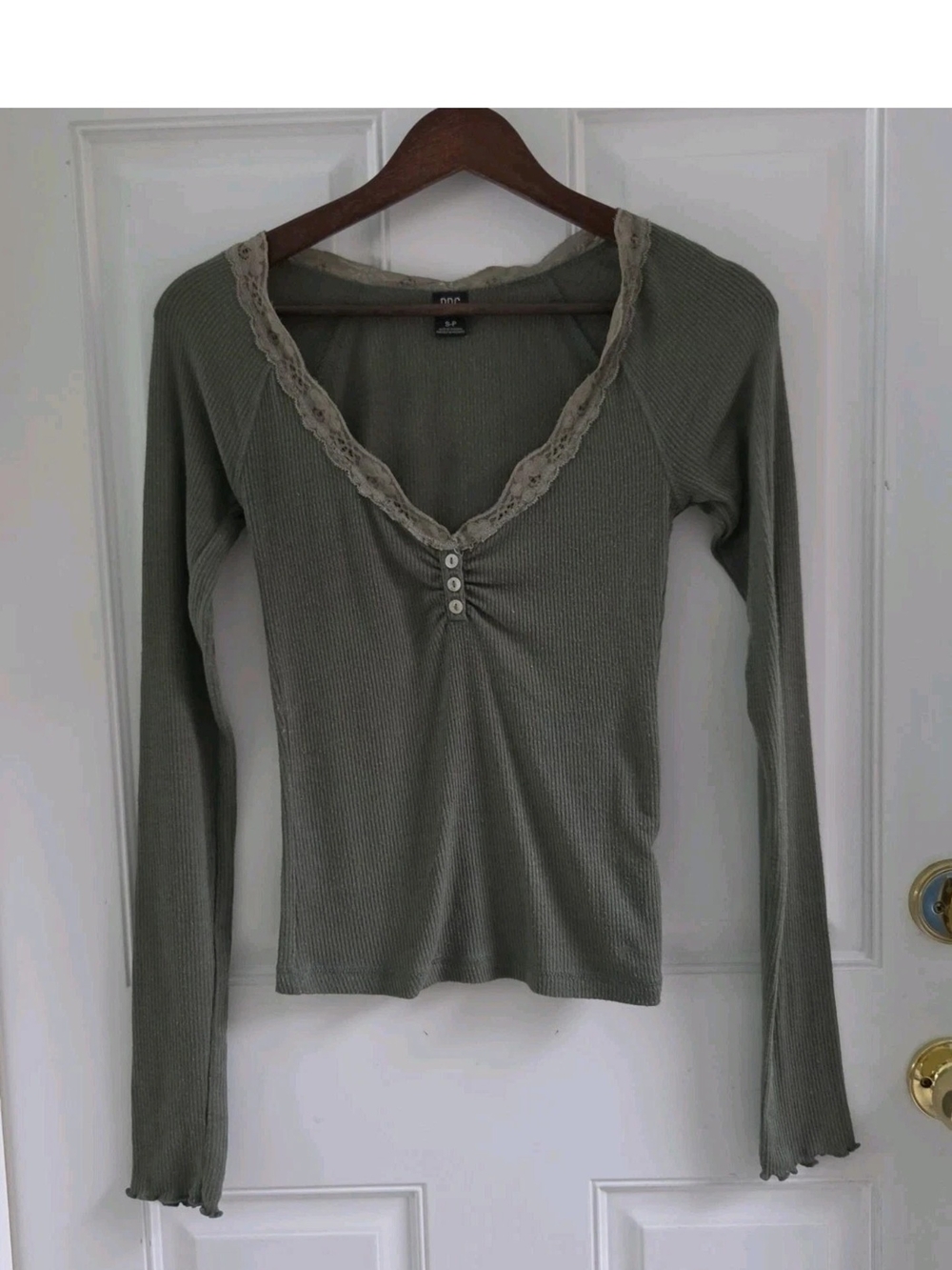 BDG Ribbed Green Top Lace Trim Long Sleeve Y2K Shirt Women Size S